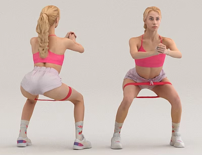 Woman Doing Squat Exercise With Resistance Band In Pink Sports Bra And Shorts 3d model