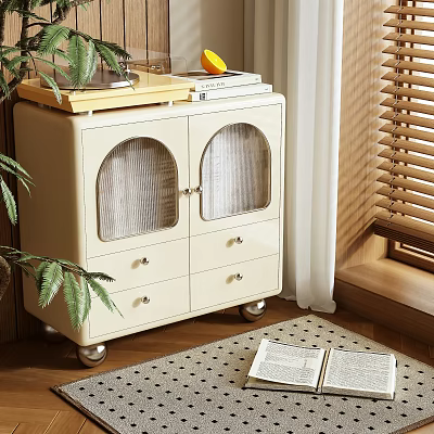 Beige Storage Cabinet with Arched Glass Doors and Drawers by Window with Plant and Books 3d model