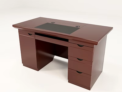 Dark Brown Wooden Office Desk With Drawers And Black Desktop Surface 3d model