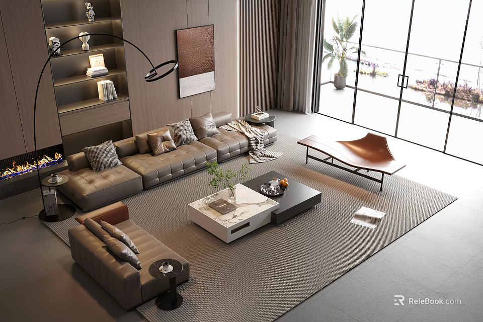 Modern Living Room Sofa and Coffee Table Set with Area Rug and Potted Plant 3d model 