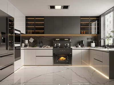 Modern Kitchen Interior Design With Marble Island Countertop Cabinets And Stainless Steel Appliances 3d model