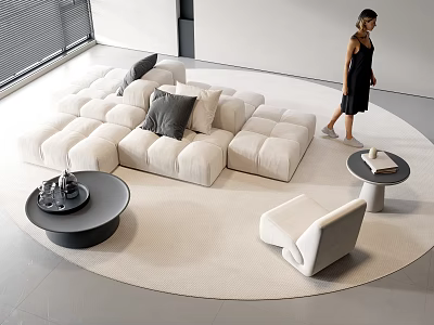 Modern Cream Sectional Sofa With Round Coffee Table And Black Pillows On Area Rug 3d model