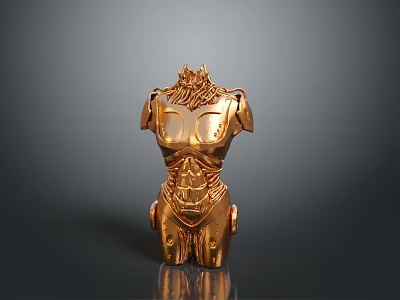 Golden Character Torso Sculpture With Muscular Structure And Ornate Details On Reflective Surface 3d model