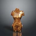 Golden Character Torso Sculpture With Muscular Structure And Ornate Details On Reflective Surface