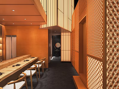 Modern Japanese Restaurant Interior With Warm Wooden Lattice Screens And Bar Counter Seats 3d model