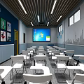School Classroom Interior With White Desks Chairs Large Screen Posters And City Skyline