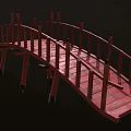 Red Wooden Bridge With Arched Design And Railings On Black Background