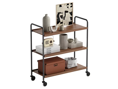 Rolling Wooden Shelving Unit with Metal Frame Three Tiers Storage Boxes and Decorative Items 3d model