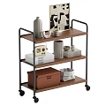 Rolling Wooden Shelving Unit with Metal Frame Three Tiers Storage Boxes and Decorative Items
