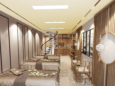 Serene SPA Sauna Room Interior Featuring Massage Beds Wooden Panels And Soft Lighting 3d model