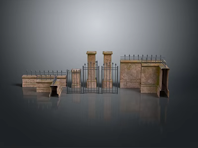 Vintage Architectural Scenery With Stone Pillars Metal Fences And Worn Walls 3d model