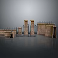 Vintage Architectural Scenery With Stone Pillars Metal Fences And Worn Walls