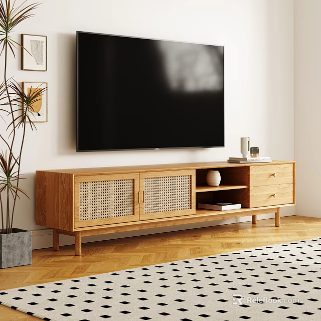 Modern Wooden TV Cabinet With Rattan Doors Drawers And TV In Living Room 3d model 