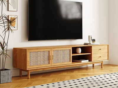 Modern Wooden TV Cabinet With Rattan Doors Drawers And TV In Living Room 3d model