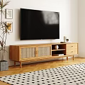 Modern Wooden TV Cabinet With Rattan Doors Drawers And TV In Living Room