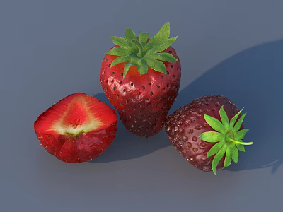 Fresh Red Strawberries Whole And Sliced With Green Leaves And Juicy Flesh 3d model