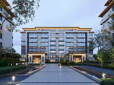 Elegant Modern Detached Villa Exterior With Spacious Driveway And Lush Greenery 3d model