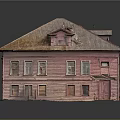 Vintage Cartoon Scene Featuring Weathered Red House with Rusty Roof and Windows