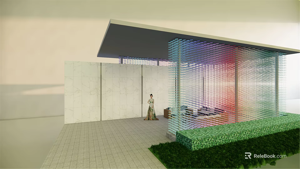 Modern Pergola Design With Transparent Glass Structure Greenery And Paved Floor 3d model 