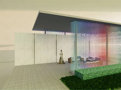Modern Pergola Design With Transparent Glass Structure Greenery And Paved Floor 3d model