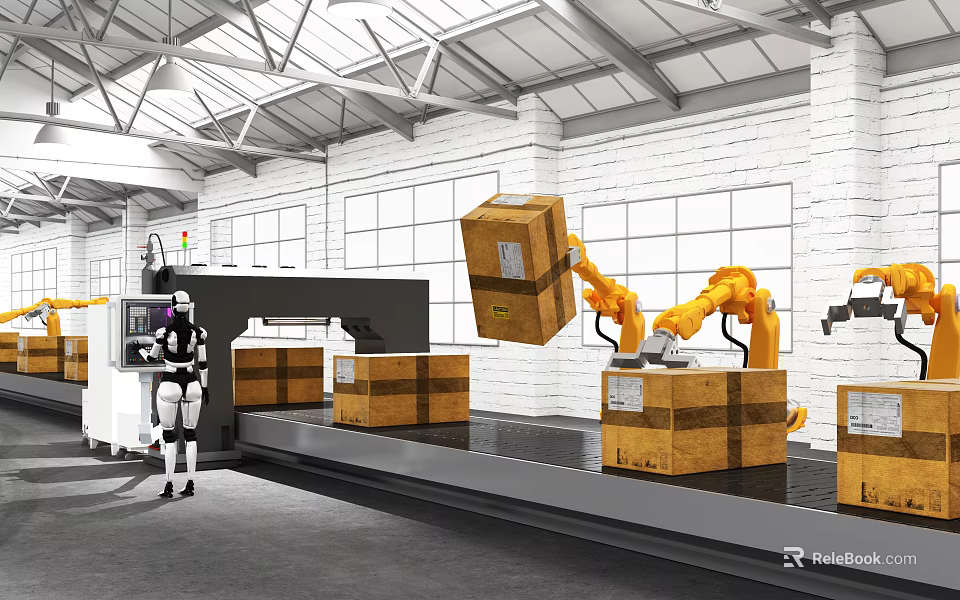 Industrial Warehouse Automated Handling With Robot And Robotic Arm Moving Boxes 3d model 