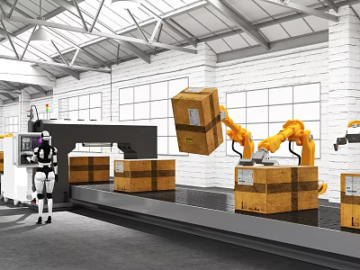 Industrial Warehouse Automated Handling With Robot And Robotic Arm Moving Boxes 3d model