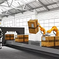 Industrial Warehouse Automated Handling With Robot And Robotic Arm Moving Boxes