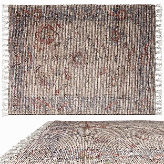Vintage Square Carpet With Floral Pattern And Tassel Edges For Living Room Decor 3d model 