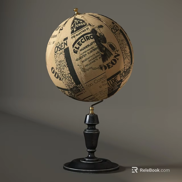 Vintage Paper Globe Decorative Ornament With Black Base For Tabletop Decoration 3d model 