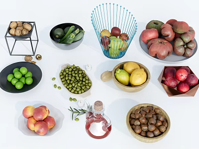 Garden Decor with Assorted Fresh Fruits Nuts Vegetables in Wooden Bowls Metal Baskets Glass Jars 3d model