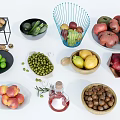 Garden Decor with Assorted Fresh Fruits Nuts Vegetables in Wooden Bowls Metal Baskets Glass Jars