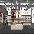 Modern Exhibition Hall Interior With Wooden Shelves And Product Displays Under Bright Lighting