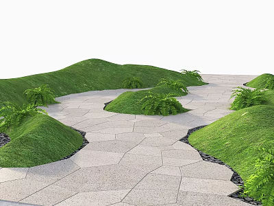 Microlandscape Garden Design With Green Grassy Mounds Stone Paved Path And Ferns 3d model