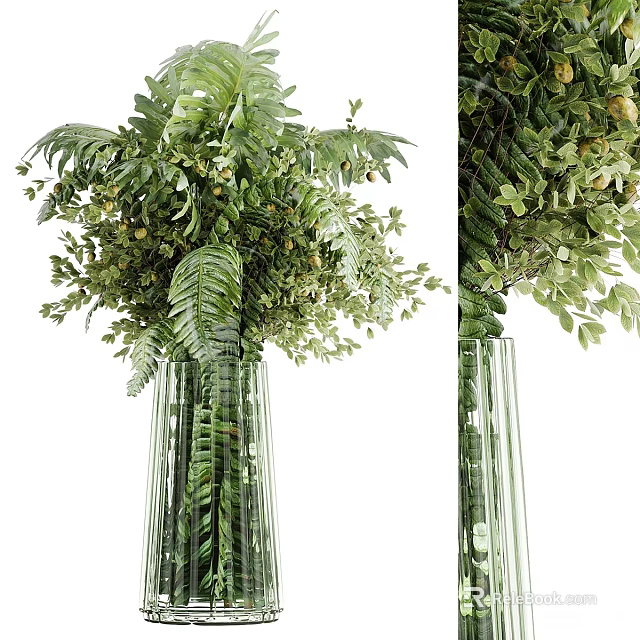 Fresh Green Floral Arrangement In Glass Vase With Fern Leaves And Foliage 3d model 