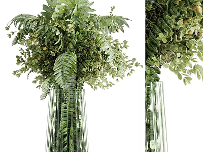 Fresh Green Floral Arrangement In Glass Vase With Fern Leaves And Foliage 3d model