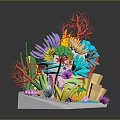 Vibrant Marine Animals in 3D Coral Reef Model with Colorful Seaweed and Plants