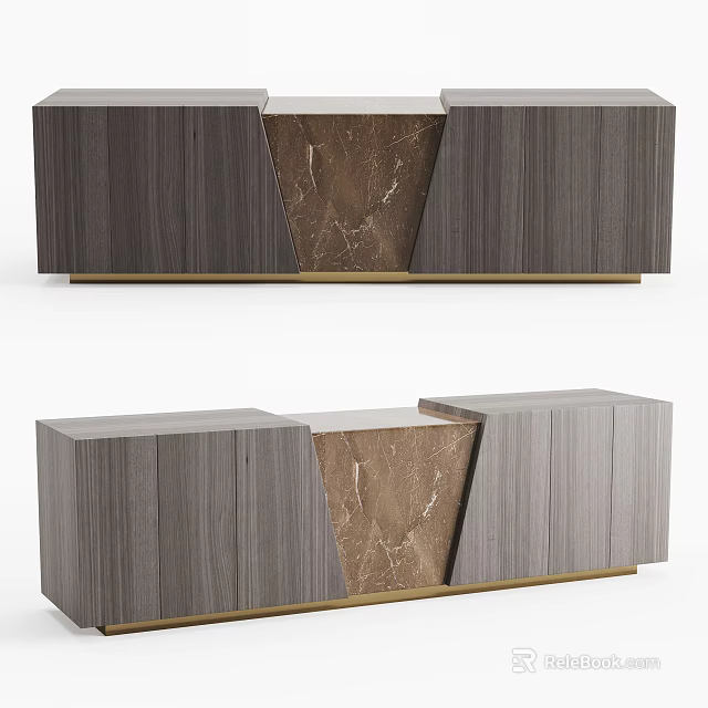 Modern TV Stand Design With Wooden Panels Marble Accent And Gold Metal Base 3d model 