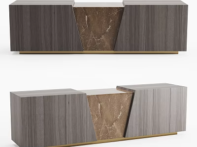 Modern TV Stand Design With Wooden Panels Marble Accent And Gold Metal Base 3d model