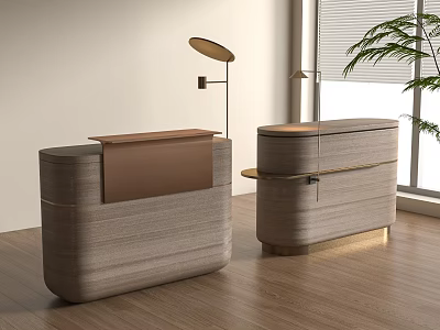 Modern Double Reception Desks With Wooden Finish And Gold Accents Floor Lamp Natural Light 3d model