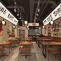 Traditional Chinese Restaurant Interior With Wooden Tables Chairs Pendant Lights And Calligraphy Murals On Walls
