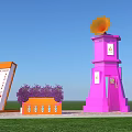 Pink Tower Art Installation Featuring Orange Flower Top And Purple Bushes