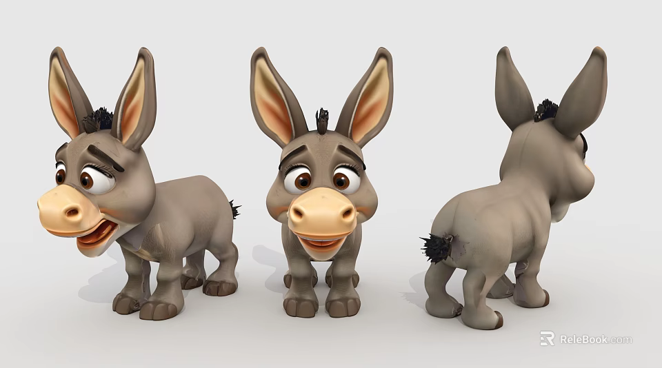 Three Adorable Cartoon Donkey 3D Models Shown From Different Angles 3d model 