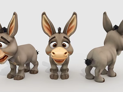 Three Adorable Cartoon Donkey 3D Models Shown From Different Angles 3d model