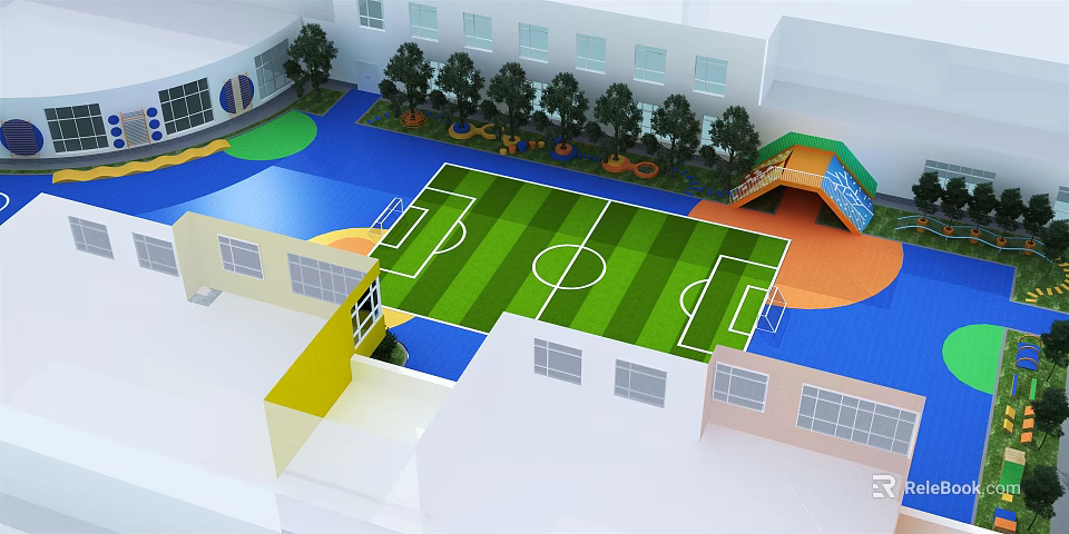Green Football Field In Children's Activity Area With Colorful Ground Trees And Slide Near Buildings 3d model 