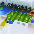 Green Football Field In Children's Activity Area With Colorful Ground Trees And Slide Near Buildings