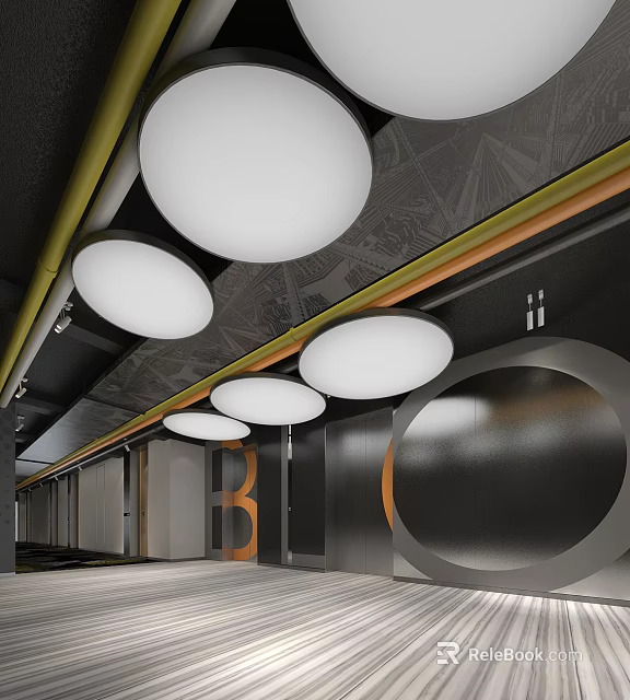 Modern Elevator Hallway Design With Circular Ceiling Lights And Geometric Accents 3d model 