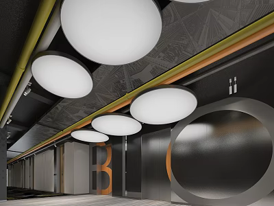 Modern Elevator Hallway Design With Circular Ceiling Lights And Geometric Accents 3d model