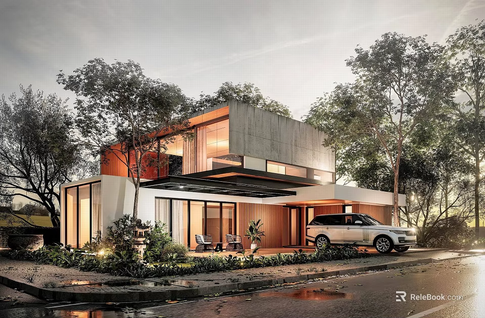 Modern Detached Villa Exterior with Large Glass Windows Terrace Surrounded by Trees and Car 3d model 