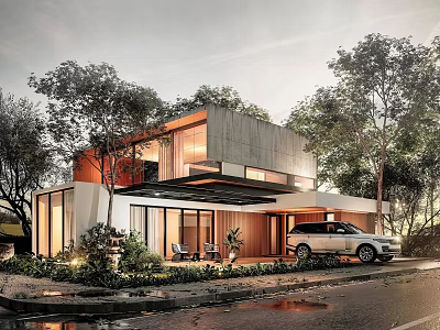Modern Detached Villa Exterior with Large Glass Windows Terrace Surrounded by Trees and Car 3d model