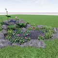 Garden Ornament with Stone Enclosure Pink Lotus Flowers Leaves and Red Fish in Green Grass